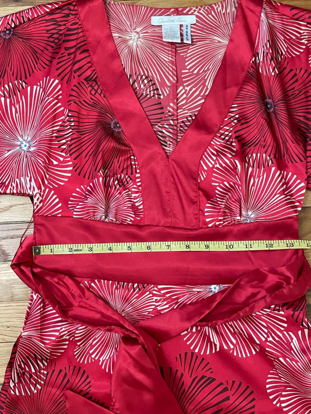 Charlotte Russe Red and White Floral Silk Kimono Mini Dress Boho Vintage Style - Picture 5 of 8